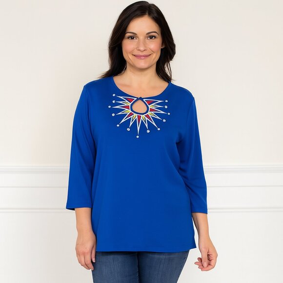 Bob Mackie Wearable Art Blue Top M | Starburst Bodice, Rhinestone Detail, 3/4 Sl - Picture 1 of 10